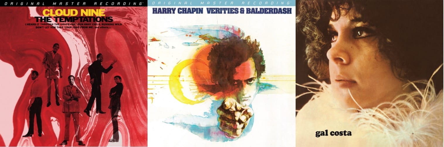Cover art for the Temptations, Harry Chapin, and Gal Costa.