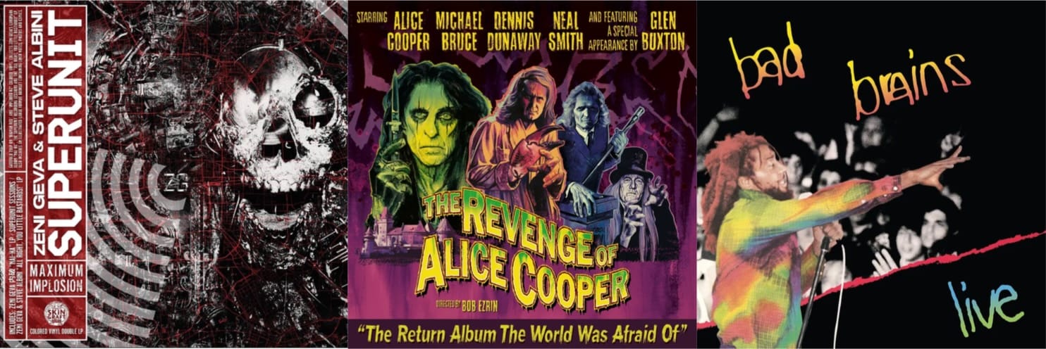 Cover art for Steve Albini & Zeni Geva, Alice Cooper (the band), and Bad Brains.