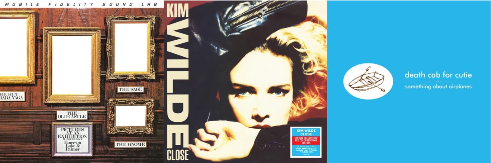 Cover art for Emerson, Lake & Palmer, Kim Wilde, and Death Cab for Cutie.