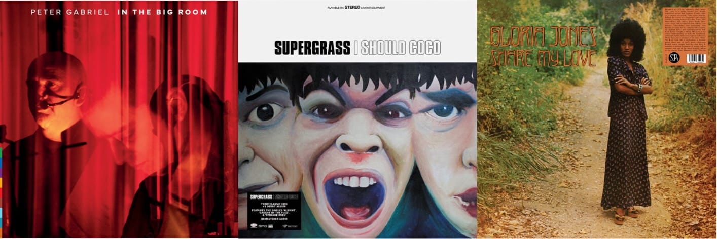 Cover art for Peter Gabriel, Supergrass, and Gloria Jones.