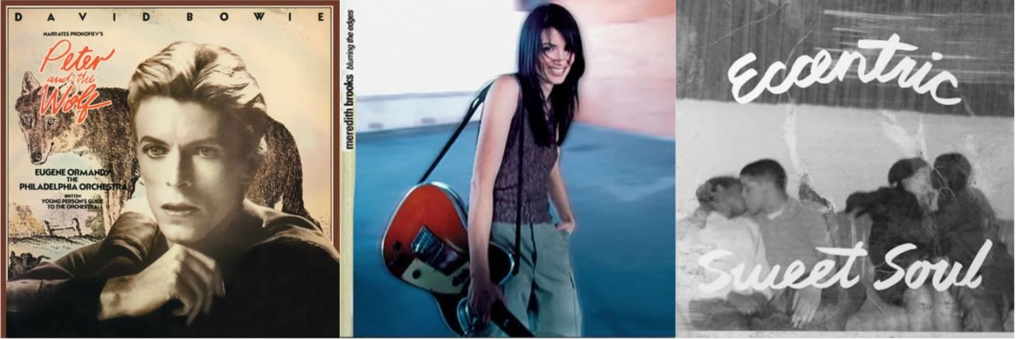 Cover art for David Bowie, Meredith Brooks, and Eccentric Sweet Soul.