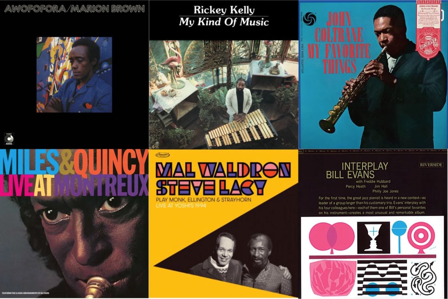 Cover art for Marion Brown, Rickey Kelly, John Coltrane, Miles Davis & Quincy Jones, Mal Waldron & Steve Lacy, and Bill Evans.