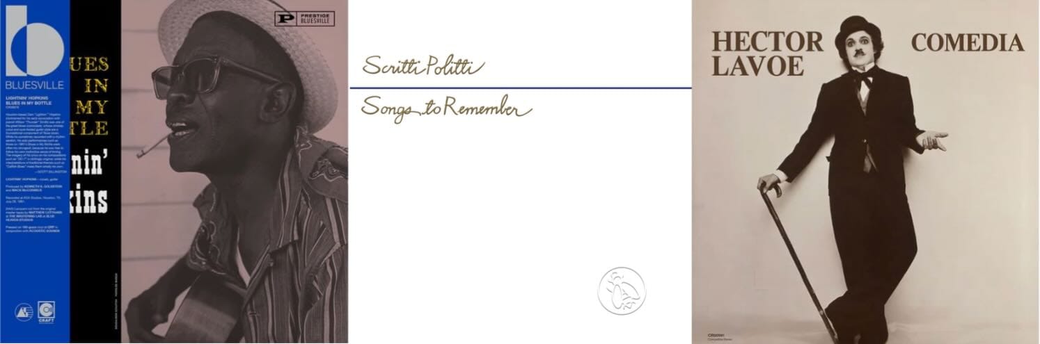 Cover art for Lightnin' Hopkins, Scritti Politti, and Hector Lavoe.