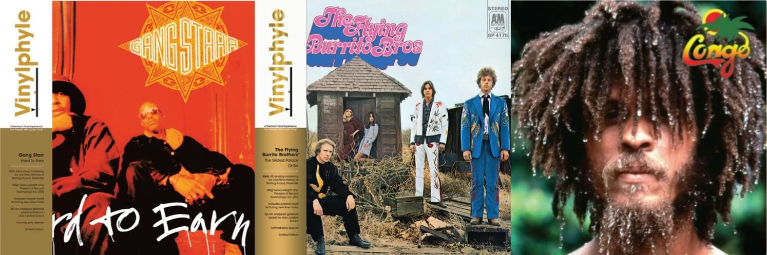 Cover art for Gang Starr, the Flying Burrito Brothers, and the Congos.