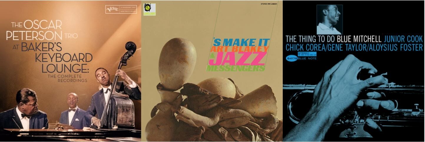 Cover art for Oscar Peterson, Art Blakey and the Jazz Messengers, and Blue Mitchell.