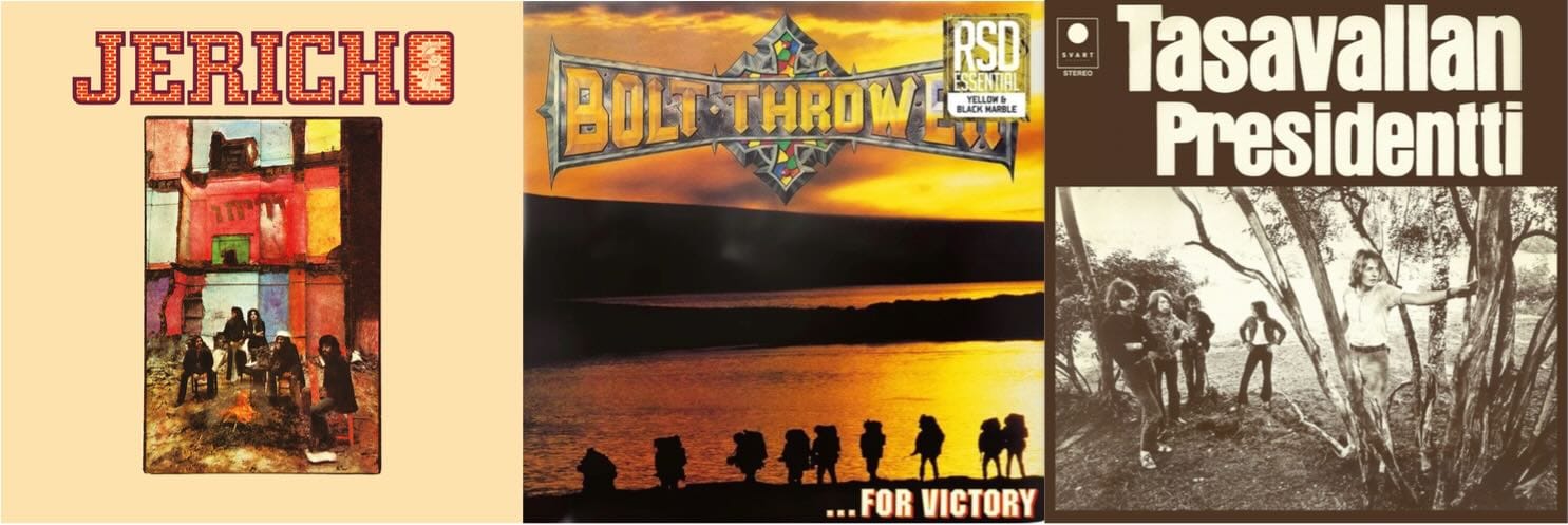 Cover art for Jericho, Bolt Thrower, and Tasavallan Presidentti.