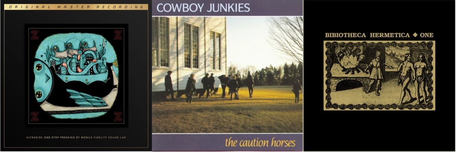 Cover art for My Morning Jacket, Cowboy Junkies, and Bibiotecha Hermetica.