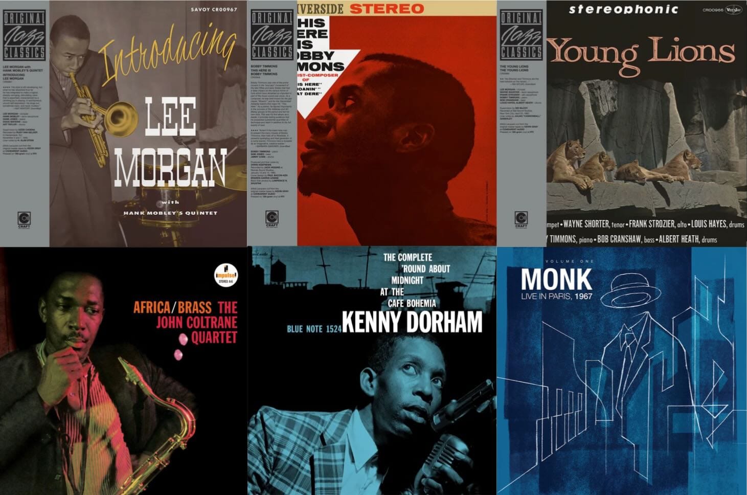 Cover art for Lee Morgan, Bobby Simmons, the Young Lions, John Coltrane, Kenny Dorham, and Thelonious Monk.