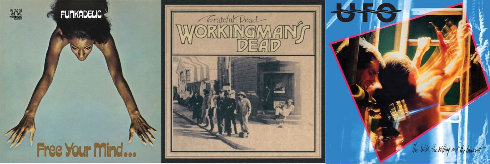Cover art for Funkadelic, Grateful Dead, and UFO.