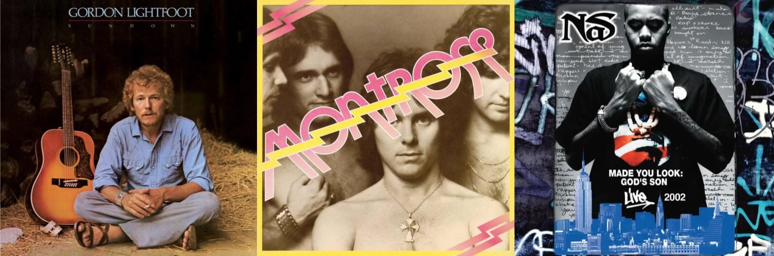 Cover art for Gordon Lightfoot, Montrose, and Nas.