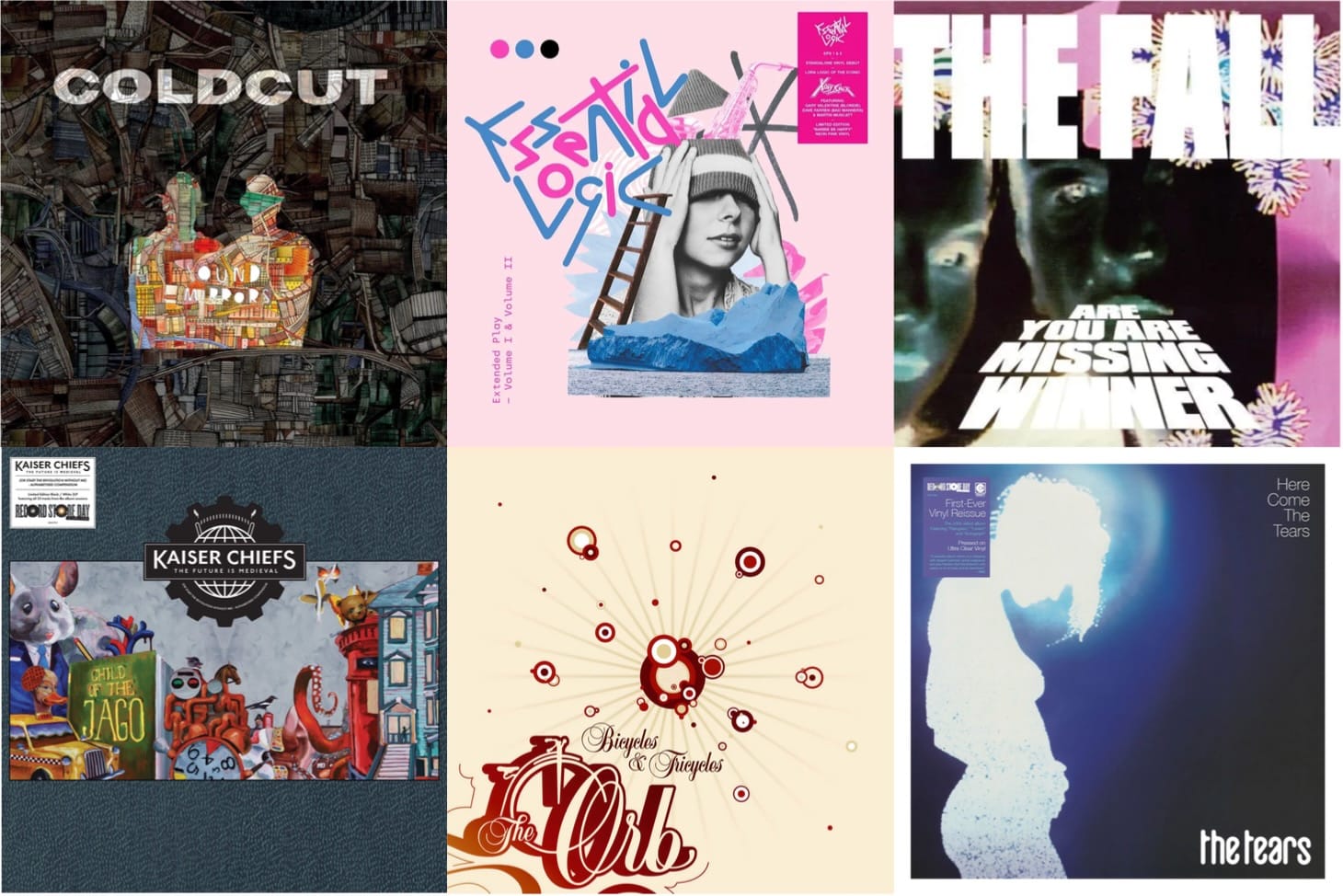 Cover art for Coldcut, Essential Logic, the Fall, Kaiser Chiefs, the Orb, and the Tears.