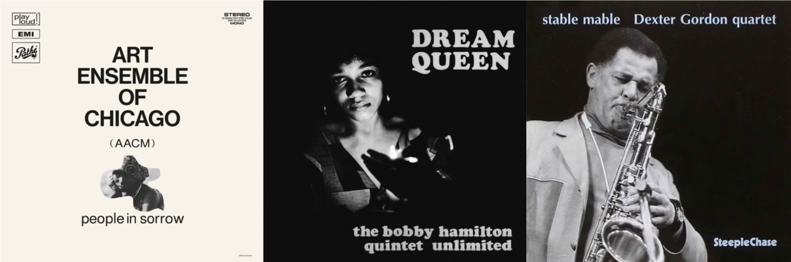 Vinyl cover art for Art Ensemble of Chicago, the Bobby Hamilton Quintet Unlimited, and the Dexter Gordon Quartet.