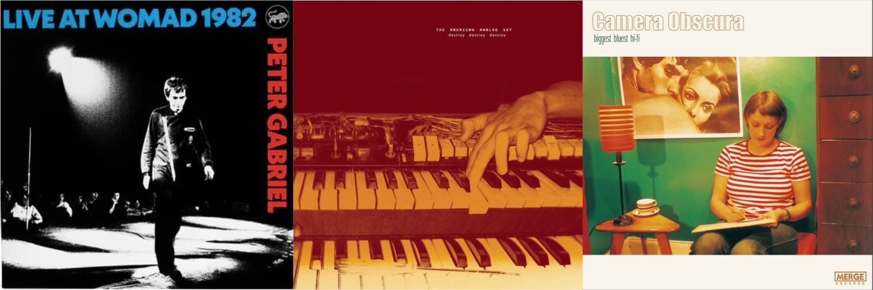 Cover art for Peter Gabriel, the American Analog Set, and Camera Obscura.