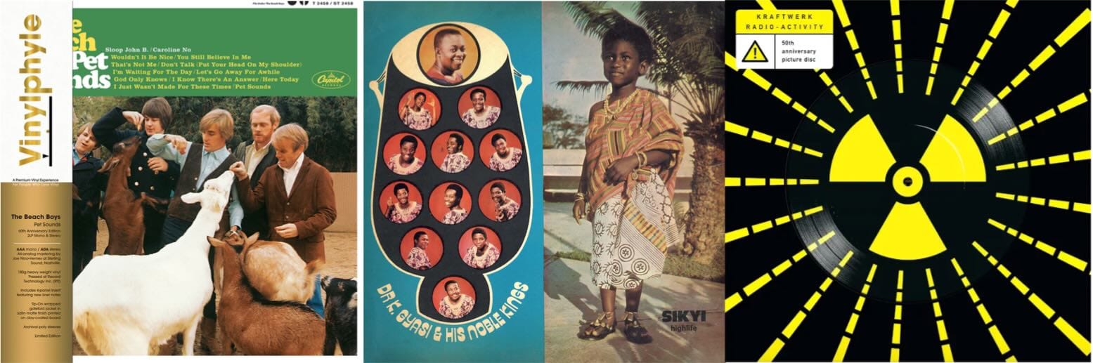 Cover art for the Beach Boys, Dr. K. Gyasi and His Noble Kings, and Kraftwerk.