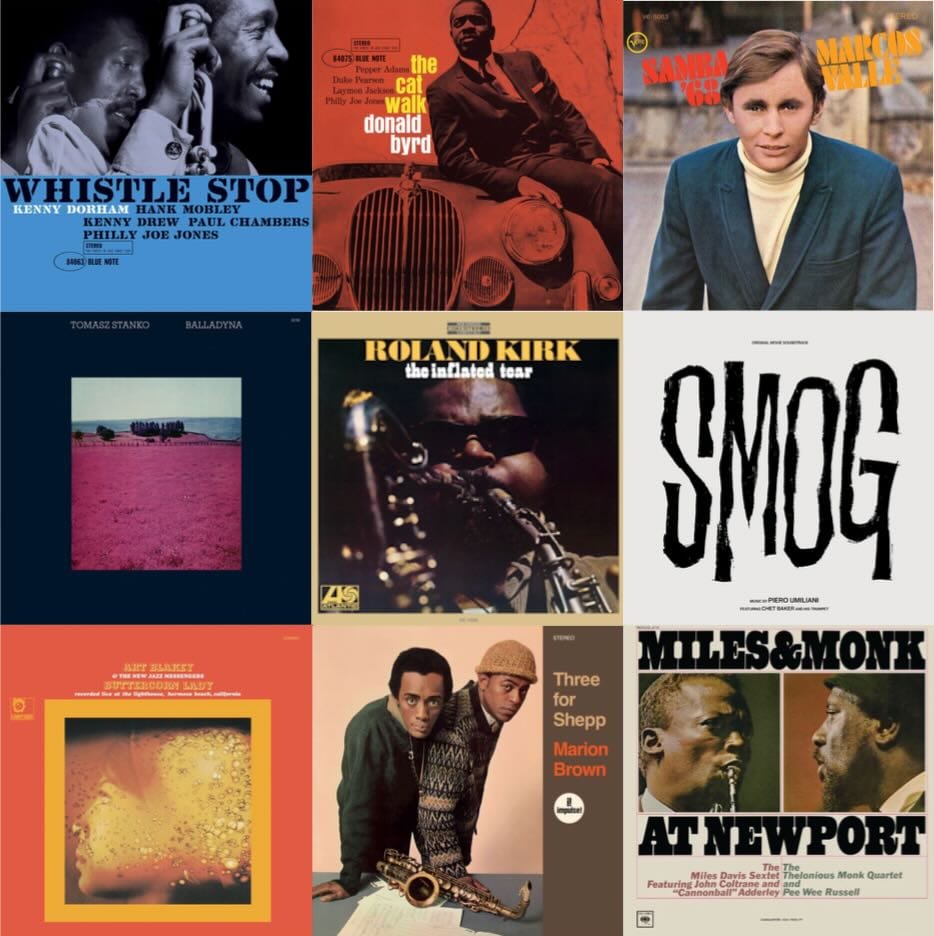 Cover art for Kenny Dorham, Donald Byrd, Marcos Valle, Tomasz Stanko, Roland Kirk, Piero Umiliani, Art Blakey, Marion Brown, and Miles Davis & Thelonious Monk.