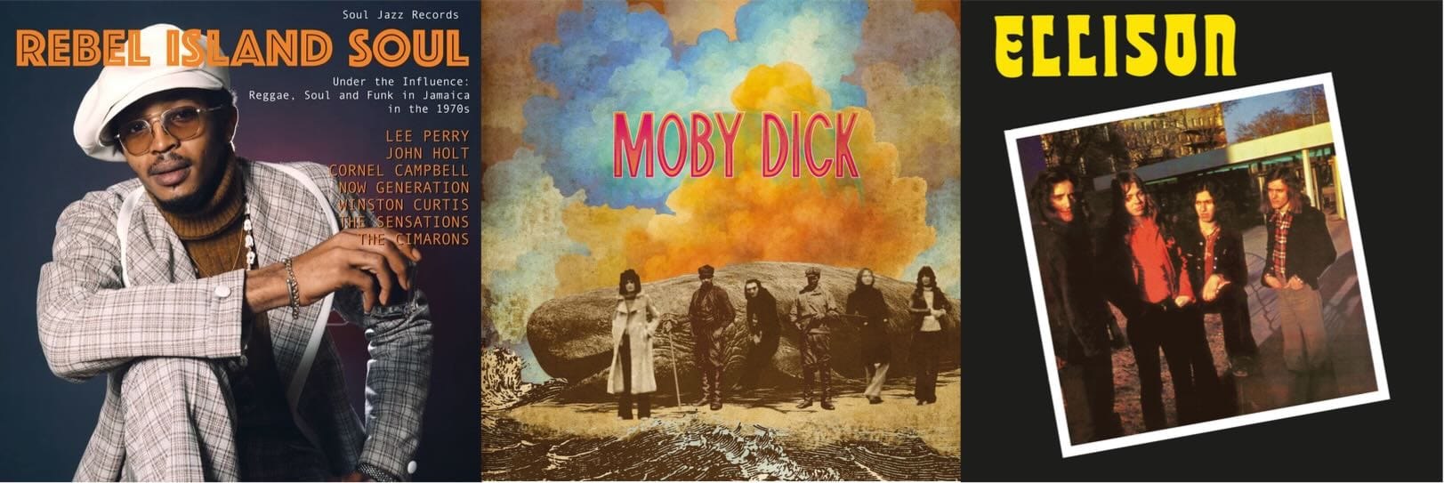 Cover art for Rebel Island Soul, Moby Dick, and Ellison.