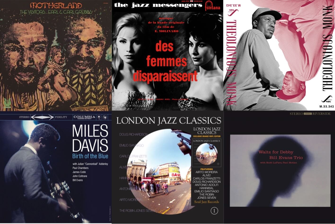 Cover art for the Visitors, Art Blakey and the Jazz Messenger, Thelonious Monk, Miles Davis, London Jazz Classics, and Bill Evans Trio.