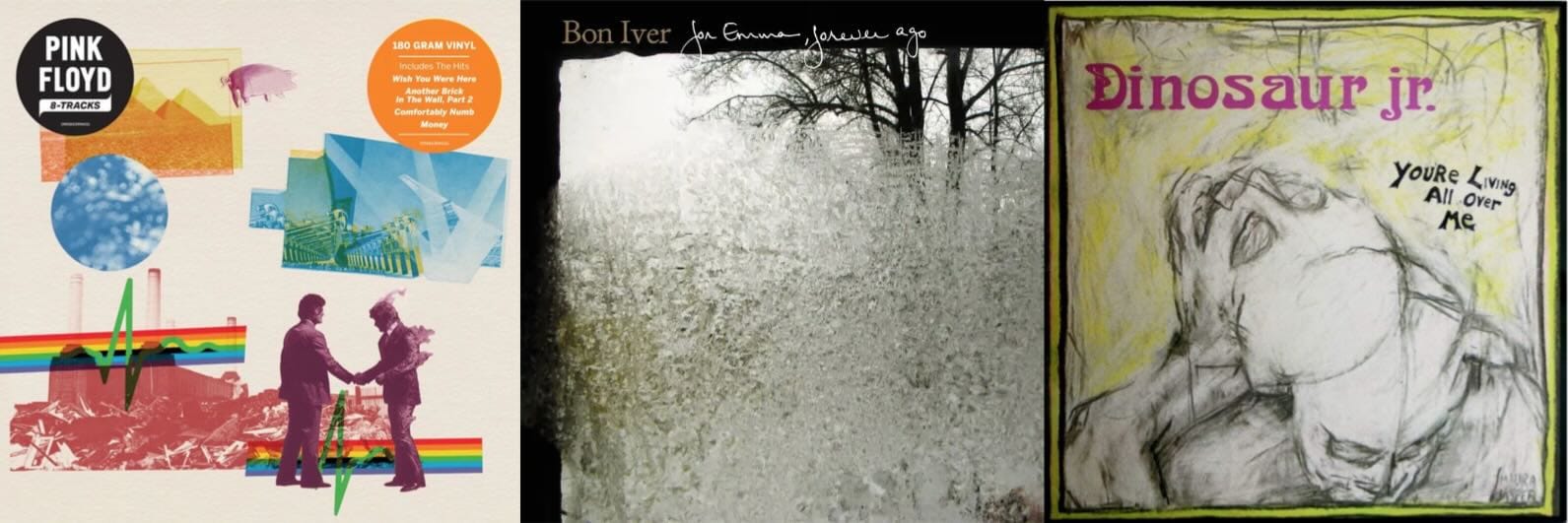 Cover art for Pink Floyd, Bon Iver, and Dinosaur Jr.
