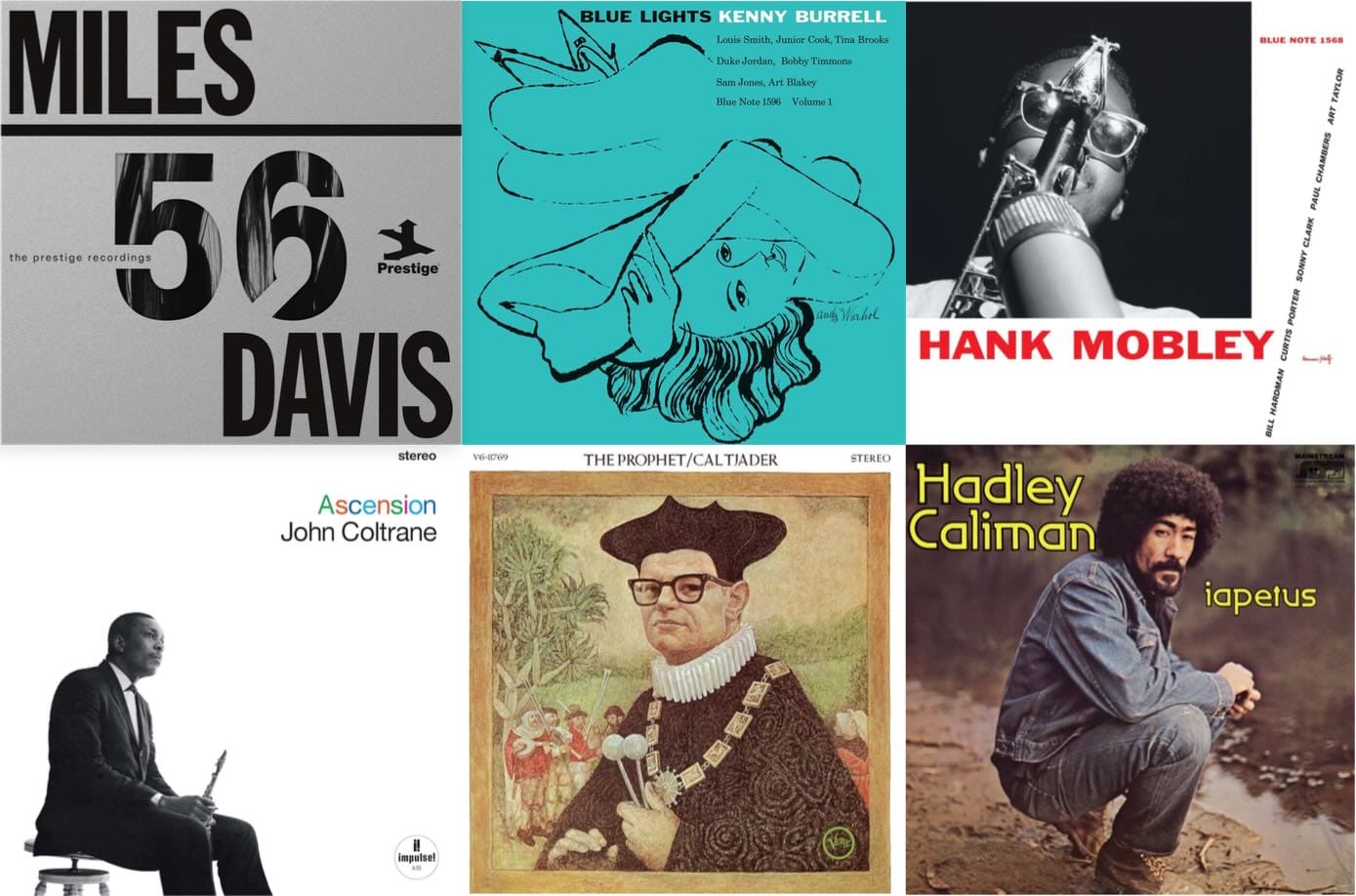 Cover art for Miles Davis, Kenny Burrell, Hank Mobley, John Coltrane, Cal Tjader, and Hadley Caliman.