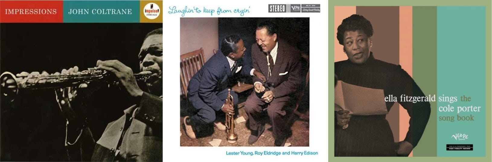 Cover art for John Coltrane, Lester Young, and Ella Fitzgerald.