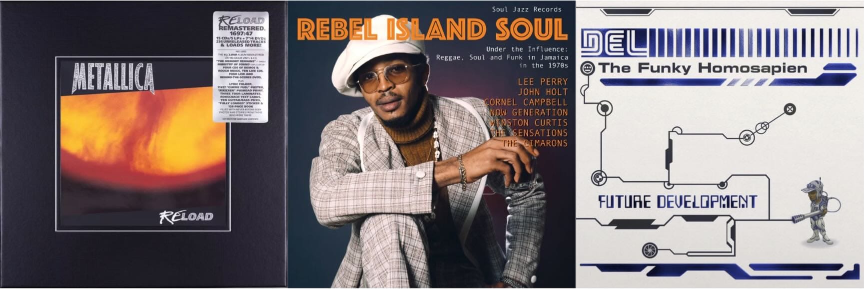 Cover art for Metallica, Rebel Island Soul, and Del the Funky Homosapien.