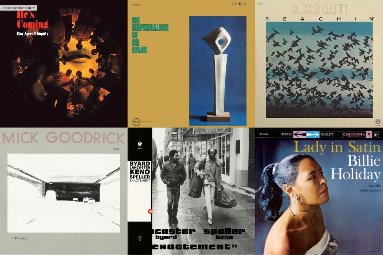 Cover art for Roy Ayers Ubiquity, Gil Evans, Roger Glenn, Mick Goodrick, Byard Lancaster, and Billie Holiday.
