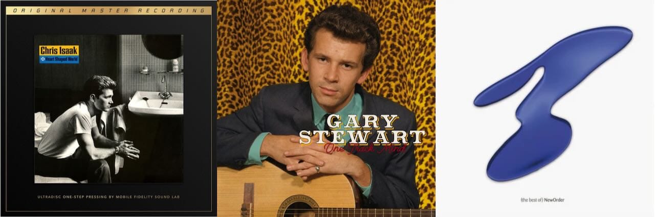 Cover art for Chris Isaak, Gary Stewart, and New Order.