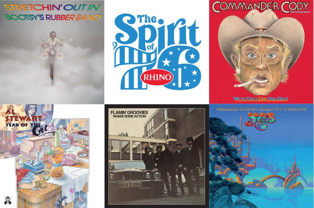 Cover art for Bootsy Collins, Commander Cody, Al Stewart, Flamin' Groovies, and Yes.