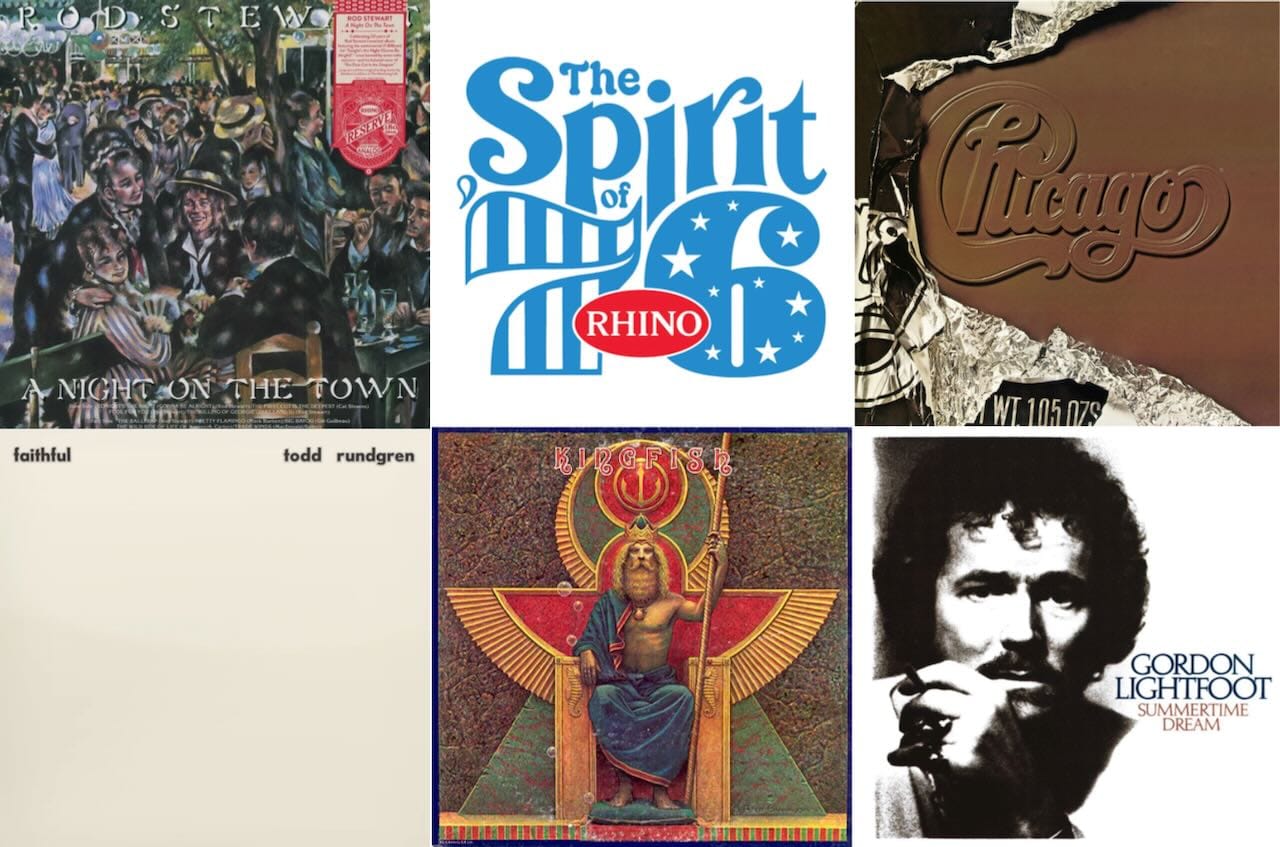 Cover art for Rod Stewart, Chicago, Todd Rundgren, Kingfish, and Gordon Lightfoot.