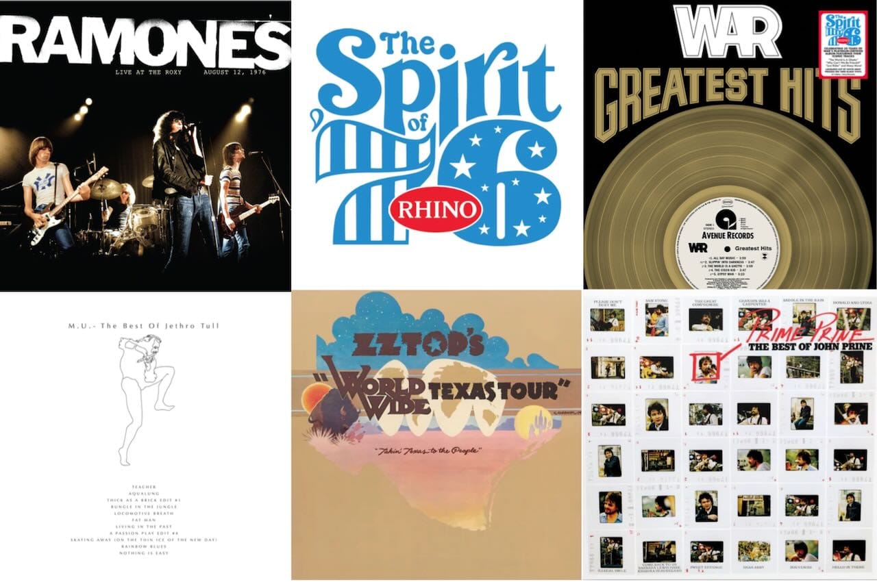 Cover art for Ramones, War, Jethro Tull, ZZ Top, and John Prine.