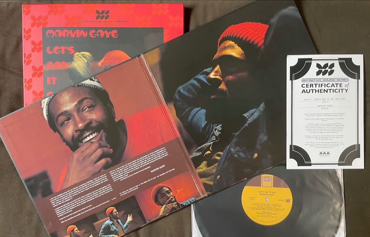 Inner gatefold, slipcase, disc, and certificate of authenticity for Marvin Gaye.