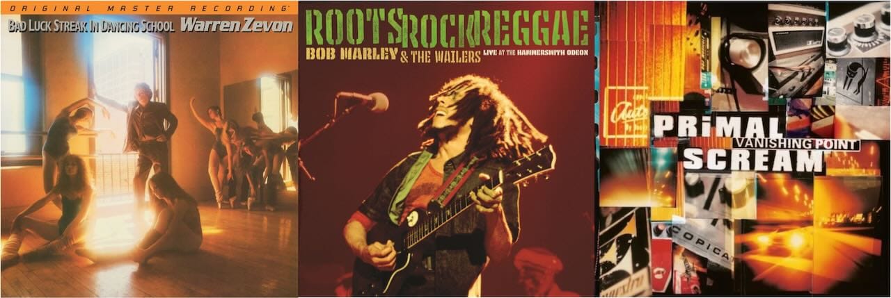 Cover art for Warren Zevon, Bob Marley and the Wailers, and Primal Scream.