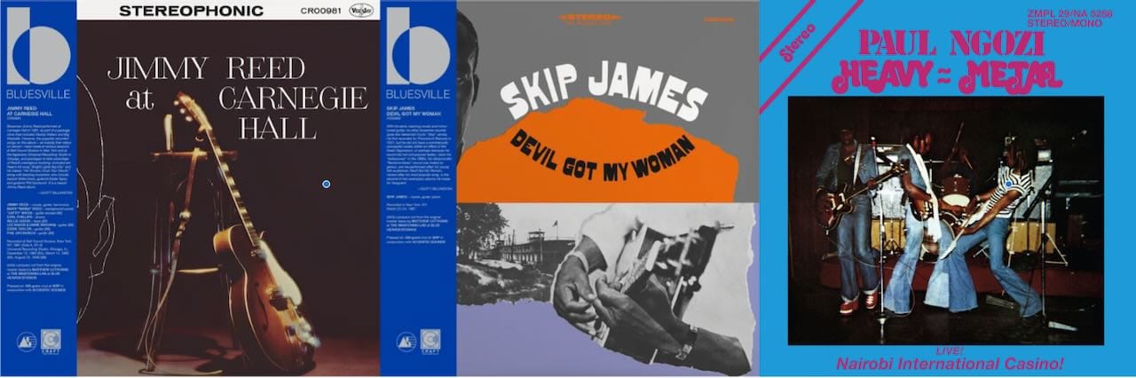Cover art for Jimmy Reed, Skip James, and Paul Ngozi.