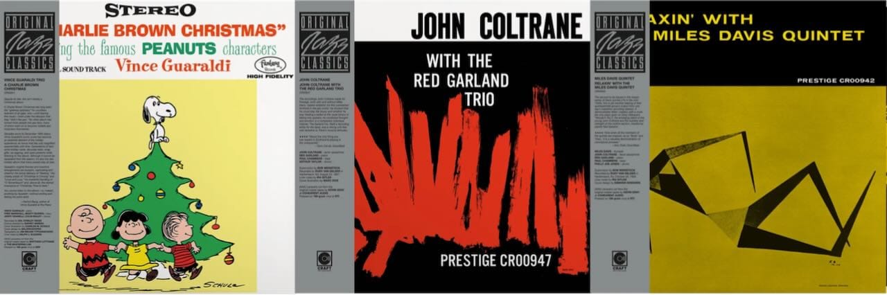 Cover art for Vince Guaraldi, John Coltrane, and Miles Davis.