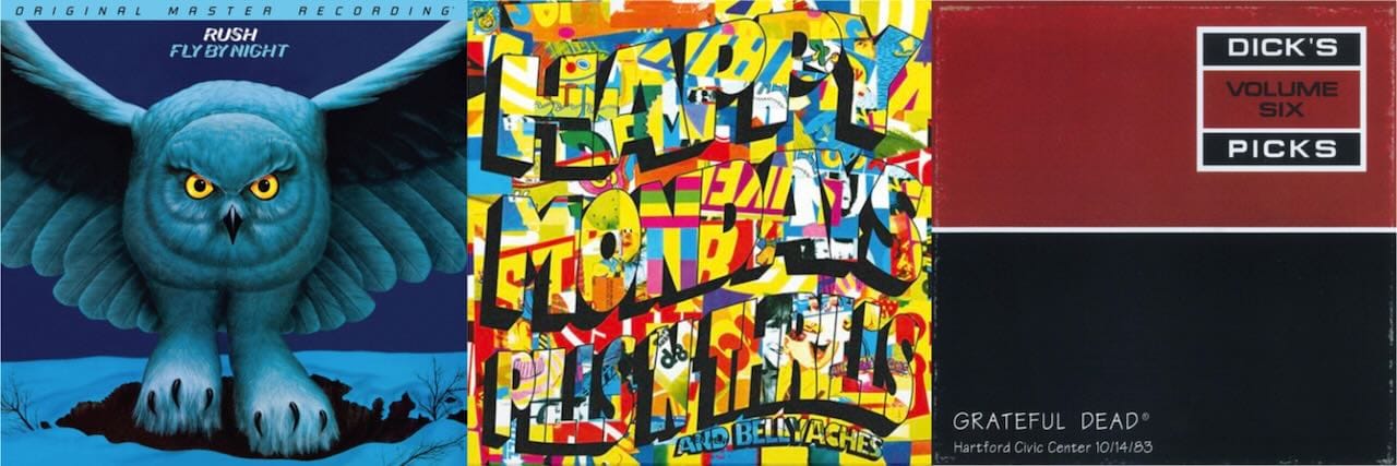 Cover art for Rush, Happy Mondays, and the Grateful Dead.