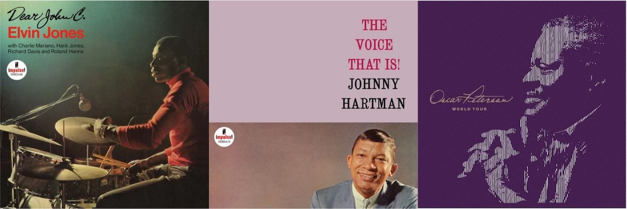 Cover art for Elvin Jones, Johnny Hartman, and Oscar Peterson.