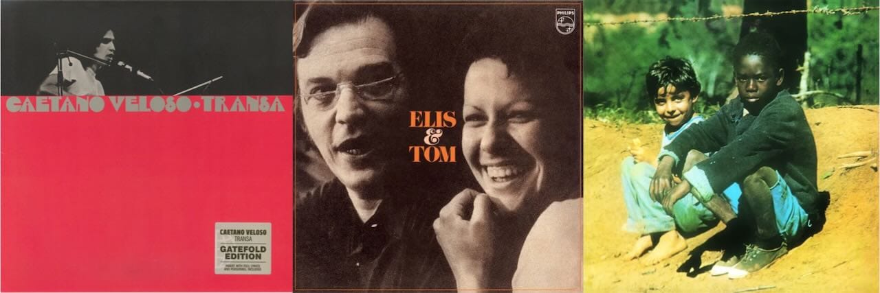 Cover art for Caetano Veloso, Elis Regina & Tom Jobim, and Milton Nascimento & Lô Borges.
