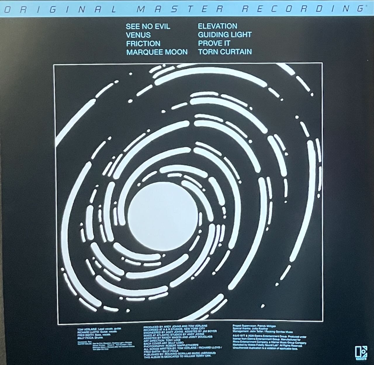 The back cover of Marquee Moon, as reproduced on the insert in the Mobile Fidelity edition.