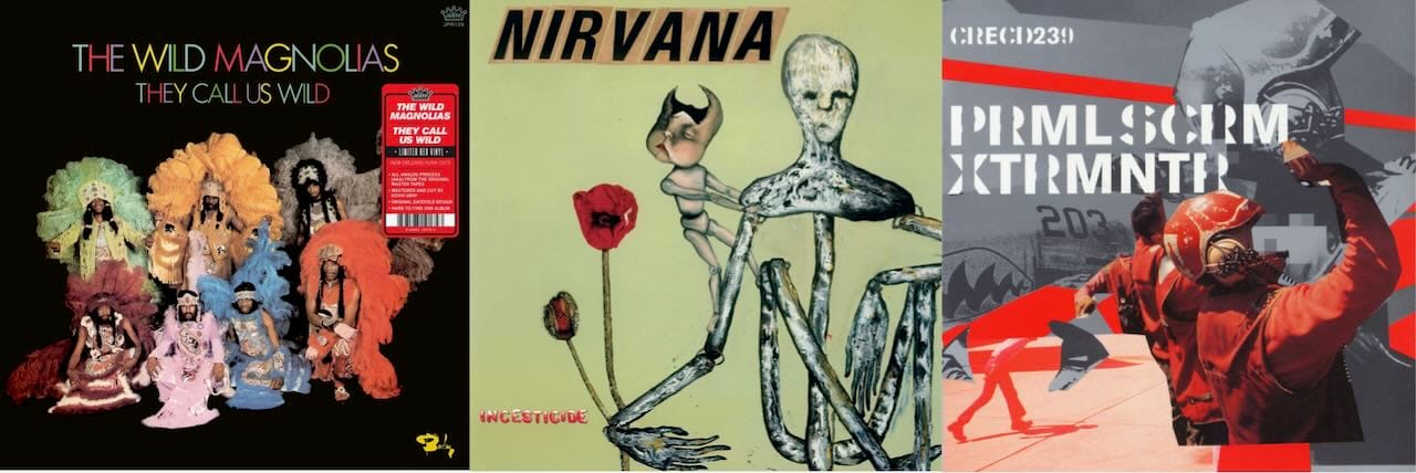 Cover art for the Wild Magnolias, Nirvana, and Primal Scream.