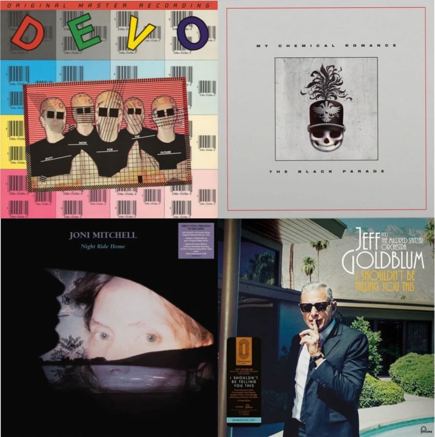 Cover art for Devo, My Chemical Romance, Joni Mitchell, and Jeff Goldblum.