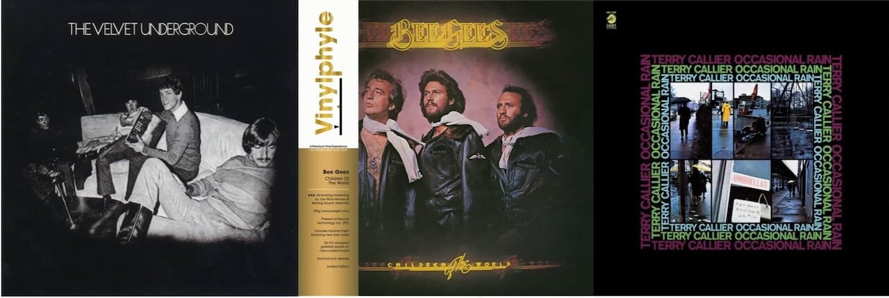 Cover art for the Velvet Underground, Bee Gees, and Terry Callier.