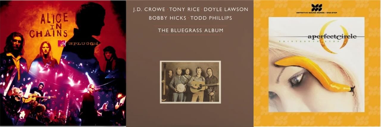 Cover art for Alice in Chains, the Bluegrass Album Band, and A Perfect Circle.