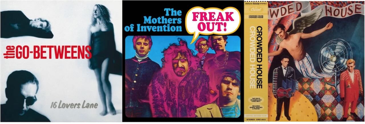 Cover art for the Go-Betweens, the Mothers of Invention, and Crowded House.