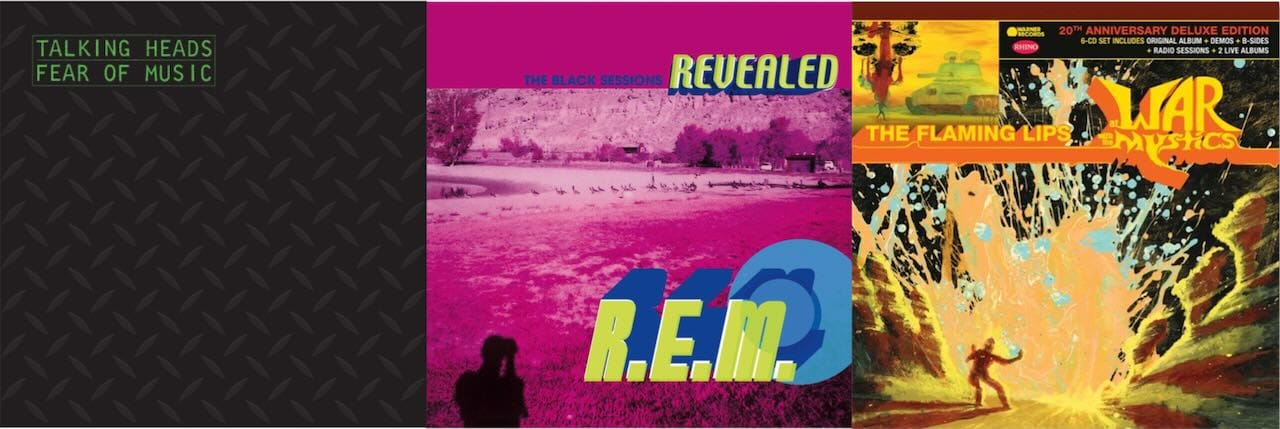 Cover art for Talking Heads, R.E.M., and the Flaming Lips.
