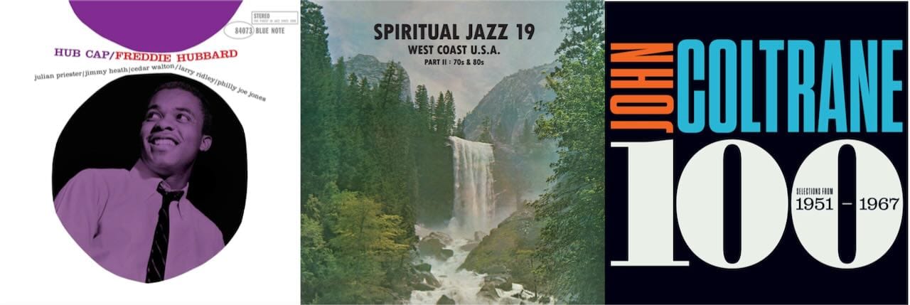 Cover art for Freddie Hubbard, Spiritual Jazz 19, and John Coltrane.