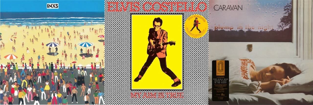 Cover art for INXS, Elvis Costello, and Caravan.