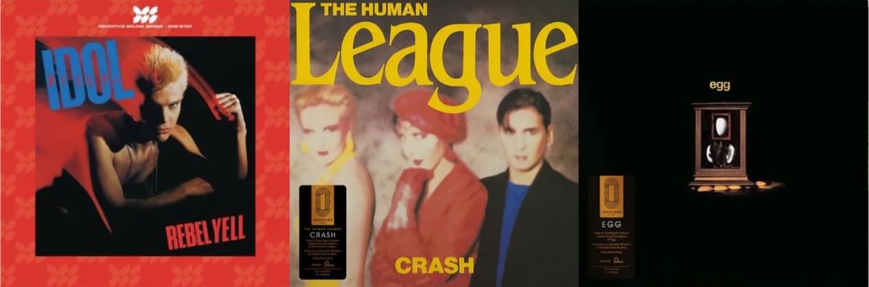 Cover art for Billy Idol, the Human League, and Egg.