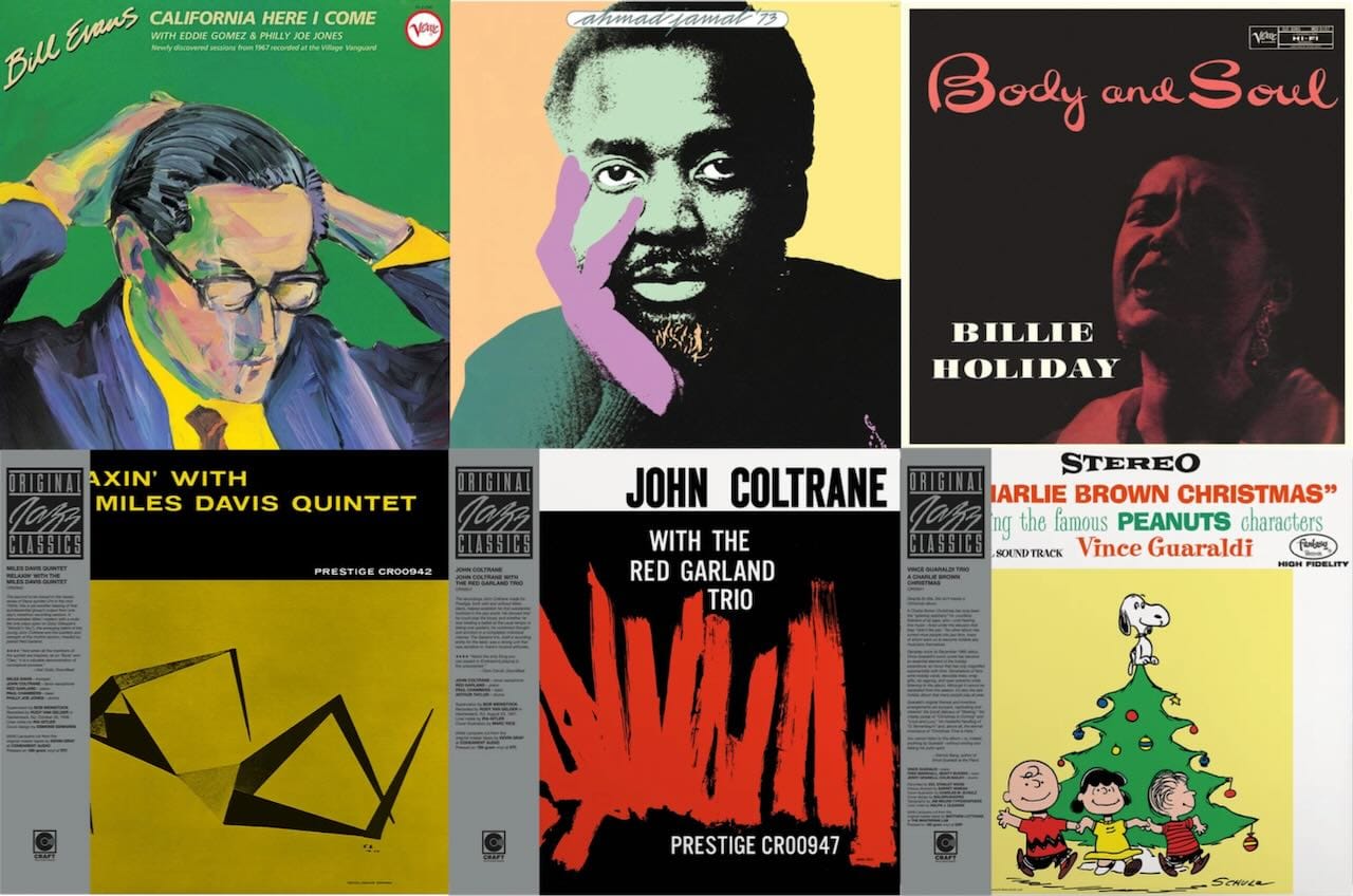 Cover art for Bill Evans, Ahmad Jamal, Billie Holiday, Miles Davis, John Coltrane, and Vince Guaraldi.
