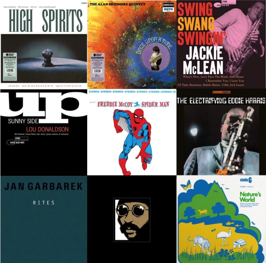 Cover art for the Joe Harriott Quintet, the Alan Skidmore Quintet, Jackie McLean, Lou Donaldson, Freddie McCoy, Eddie Harris, Jan Garbarek, Cecil Taylor Unit, and Studio G.