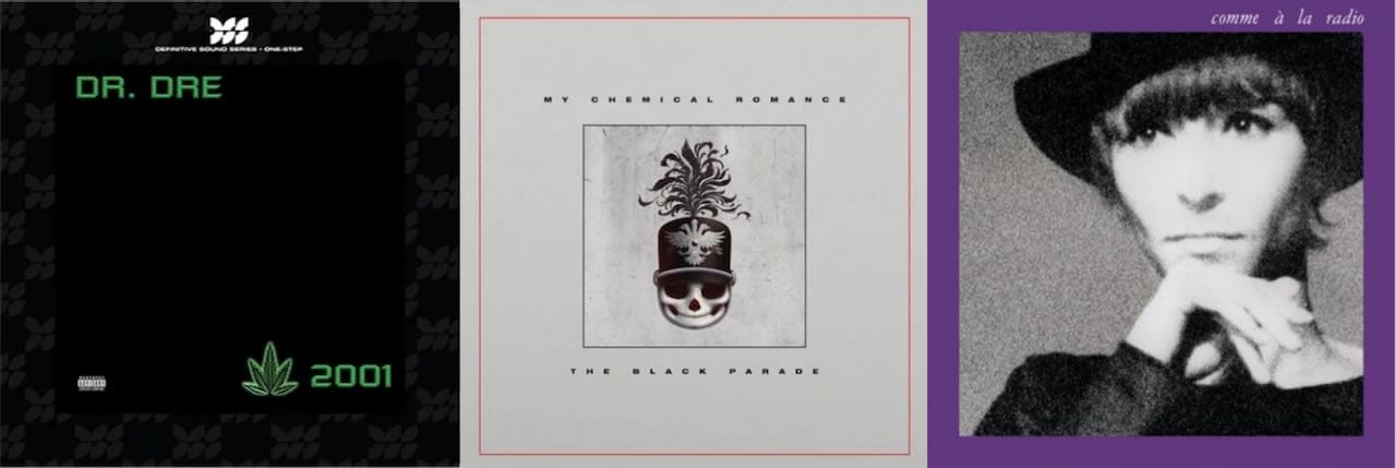 Cover art for Dr. Dre, My Chemical Romance, and Brigitte Fontaine.